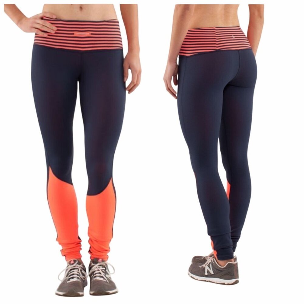 Lululemon Colorblock Striped Waist Leggings Navy Coral Size 6
